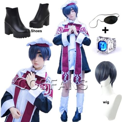 Anime Black Bulter Kuroshitsuji Ciel Phantomhive Church Uniform Outfit Halloween Cosplay Costume Formal Dress Wigs and shoes