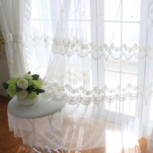 Customized Korean Lace Pearl Embroidery Living Room Bedroom Curtain Princess Room Simple Stitching White Window Screen