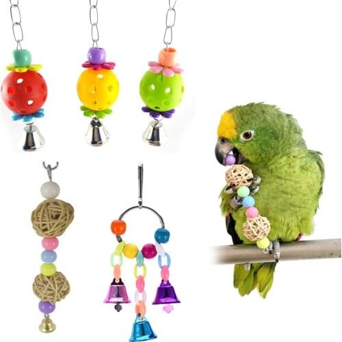 Parrot Toys With Colorful Beads Bell Chain Pet Bird Parrot Chew Bite Toy Bird Cage Accessories Bird Hanging Toy Dropshipping