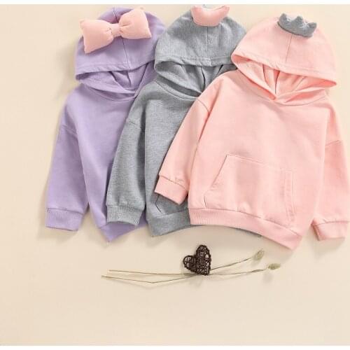 FOCUSNORM 0-5Y Autumn Lovely Baby Girls Hoodies Outwear 3 Colors Solid Long Sleeve Pullover Pocket Bow/Heart/Crown Hooded Tops