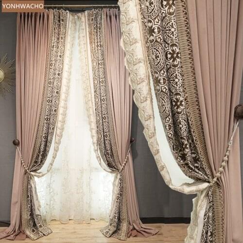 Custom curtains pink luxury European living room bedroom thick shading velvet stitching cloth curtain tulle panel C114