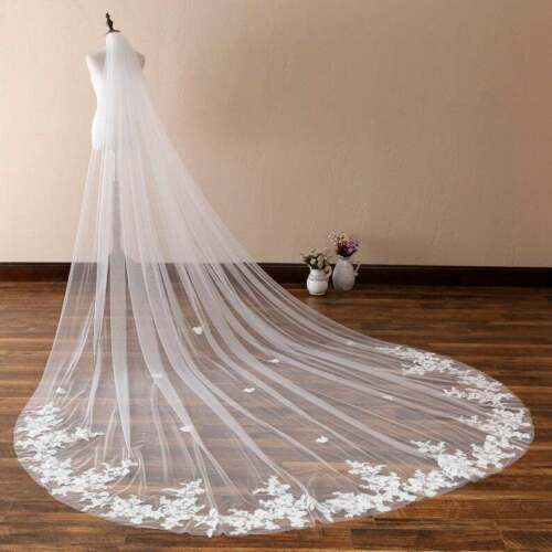 Wedding Veils for Girls Cathedral Length Long 1T Appliques With Comb Bridal Lace