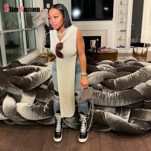Hooded Side Slit Knitting Tank Sweater Dresses Women Streetwear Baddie Clothes Sleeveless 2021 Solid One Piece Y2k Hoodies Dress