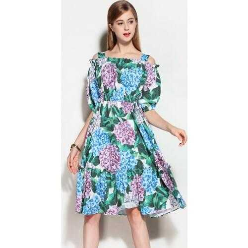 High Quality Womens Dress New Designer Womens Amazing Fresh Print Hydrangea Word Shoulder Strap Puff Sleeve Ladies Beach Dress