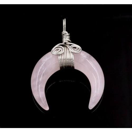 YJXP Wire Wrap Crescent Moon Pendants Natural Rose Pink Quartzs Horn Shape Necklaces' Pendant Reiki Amulet Women Jewelry Making