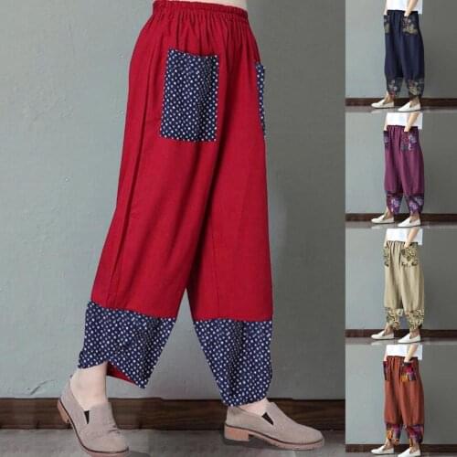 Lady Popular Ethnic Print Patchwork Pants Summer Vintage Print Pants All Match for Party