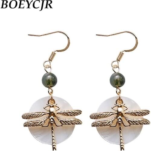 BOEYCJR Ethnic Vintage Gold Color Dragonfly Stone Bead Shell Drop Earrings Jewelry Dangle Earrings for Women Gift