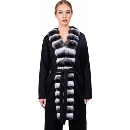 Women Cashmere Sweater Poncho With Belt Real Rabbit Fur Trim 2021 New Fashion Coat Hot Sale Cardigan