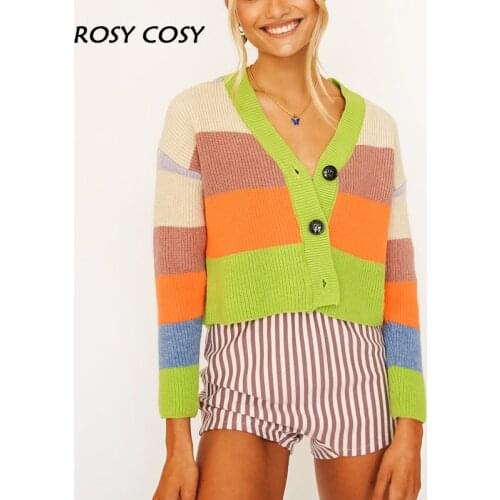 Autumn Women V-Neck Knitted Sweater Casual Single Breasted V-Neck Female Cardigan Elegant Lady Long Sleeve Striped Crop Sweater