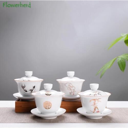 Ceramic Porcelain Large Gaiwan Teaware Handpainted Kung Fu Tea Set Creative Tea Bowl Ceramic Handpainted Bowl Set with Lid
