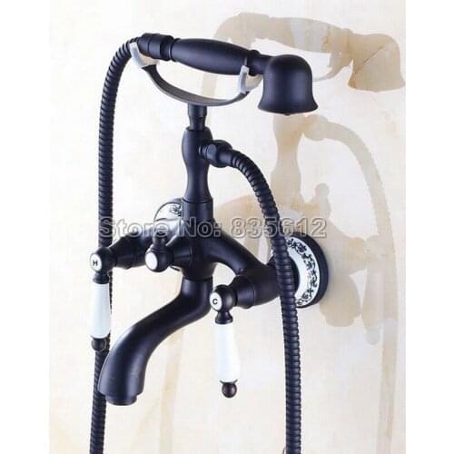 Black Oil Rubbed Bronze Wall Mounted Bathroom Ceramic Levers Bathtub Faucet Set W/ Handheld Shower Heads Mixer Taps Wtf531