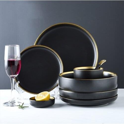 Black Porcelain Plates for Food Nordic Gold Inlay Ceramic Tableware Dinner Set Flat Plate for Restaurant Pasta Plate Dishes