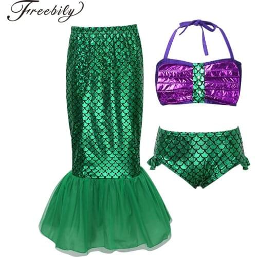 Kids Girls Mermaid Swimwear Bathing Suit Halter Tops + Bottoms + Fishtail Skirts Bikini Sets Girls Swimsuit Children Beach Wear