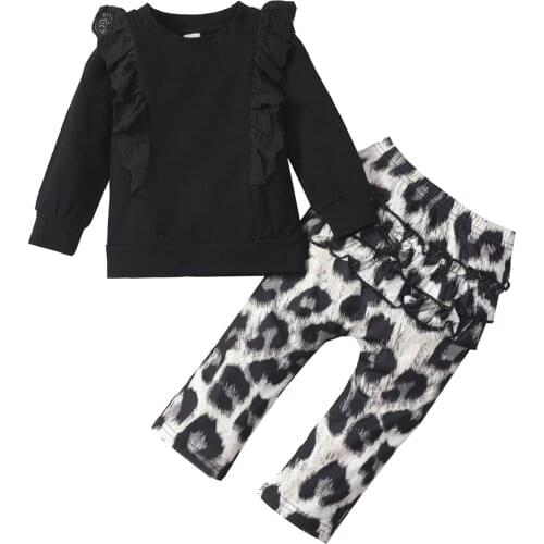 Little Toddler Baby Girl T-shirt and Trouser Cotton Suit Fashion Solid Color Long Sleeve Tops and Ruffle Leopard Pants