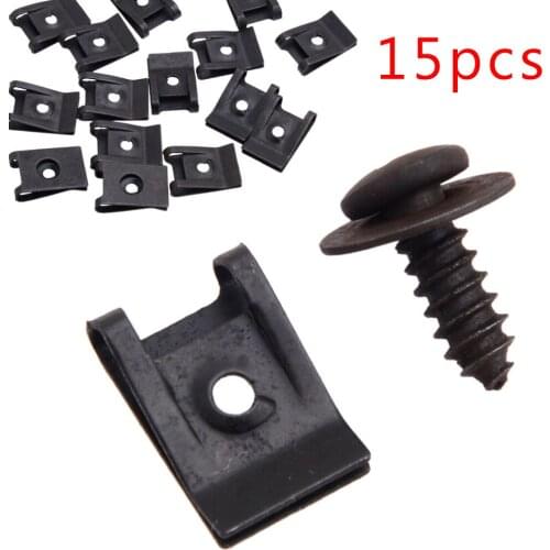 15Set Spring Metal U-Type Clip With Screw Car Side Skirts Bumper Fender Leaf Board Trim Panel Fasteners Grommet Clip