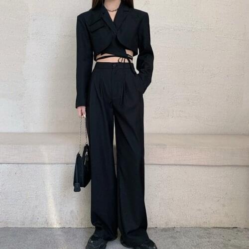 High Quality 2021 Spring Trousers 2 Piece Set Womens Outfits Sexy Crop Top Lace Up Short Coat + High Waist Wide Pants Suits Set