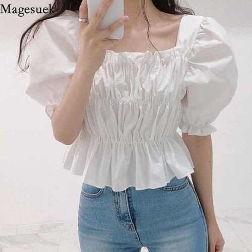 Korean Puff Short Sleeve Women Tops Square Collar Pleated Summer Blouse Off Shouder Solid Slim Vintage Shirt Female Blusas 14439