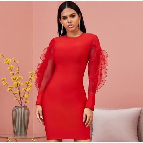 Red Mesh Ruffles Patchwork Sexy Bandage Wrap Dress Women O Neck Red Bodycon Dresses Elegant Ladies Autumn Long Sleeve Vestidos