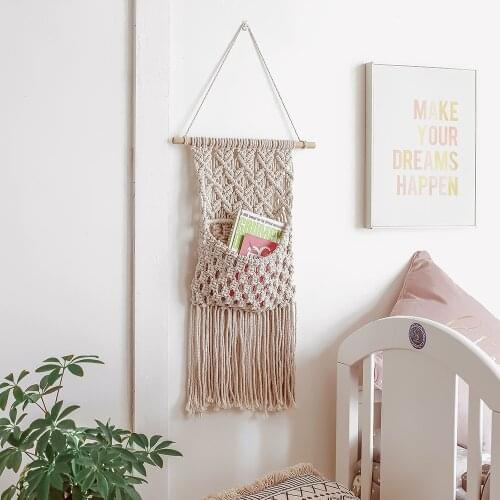 Macrame Hanging (90 x 35cm) Handmade Woven Wall Tapestry Large Boho Wedding Backdrop Wall Storage Pocket for Decor Living Room