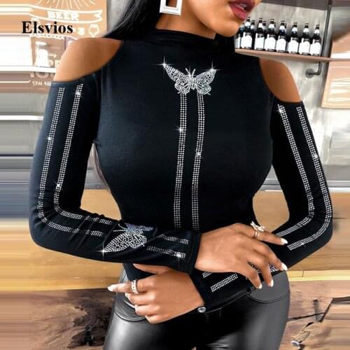 Fashion Diamond Butterfly Decorate Slim Blouse Shirt Women Sexy Off Shoulder Shirt Blusa Spring Casual Long Sleeve Tops Pullover