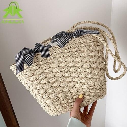 Fashion Straw Women Handbags Rattan Shoulder Bag Summer New Beach Ribbon Design Straw Bag Large Capacity Tote Big Baskets Purses