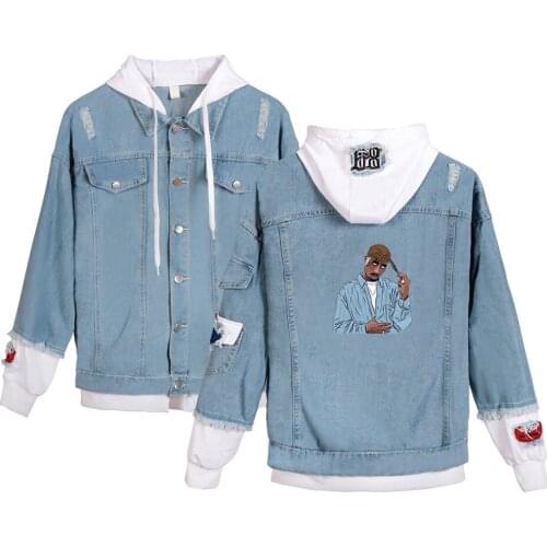 Popular Rapper 2pac Men Women Denim Jacket Tupac Amaru Shakur Hooded Outwear Cowboy Denim Jacket Fashion Boy Jean Jackets Tops