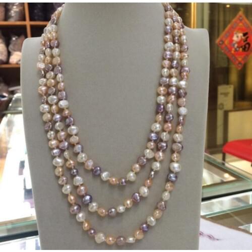 Free shipping white pink purple genuine natural freshwater pearl necklace 7-8mm baroque 50'' Long sweater chain