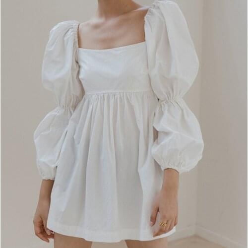 BLLOCUE Retro Open Back Cotton Short Dress Women Square Collar Lantern Sleeve Loose Casual Cute Kawaii Dresses Vestidos