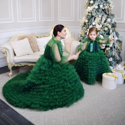 Mother & Daughter Tulle Puffy Dress Ruffled Tiered A-line Dresses Floor Length Lush Fromal Party Gown Bow Custom made