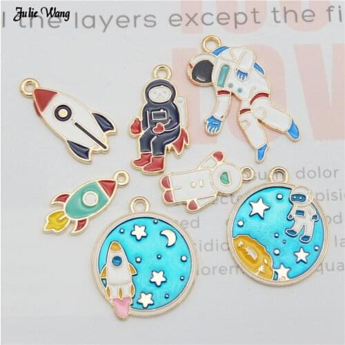 Wholesale 14pcs Cute Alloy Enamel Astronaut Charms Gold Tone Mixed Rocket Space Pendant For Bracelet Earrings DIY Accessory