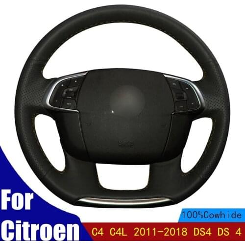 Car Steering Wheel Cover Black PU Genuine Leather DIY Hand-stitched For Citroen C4 C4L 2011-2018 DS4 DS 4