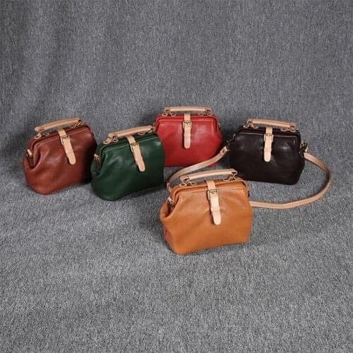 Vintage Genuine Leather Women Crossbody Bag Designer Shoulder Bag Luxury Brand Handbag Female High Quality Doctor Bag Clip Purse