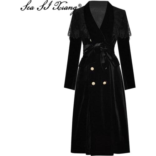 Seasixiang Fashion Designer Autumn Trench Coat Womens Long Sleeve Double-breasted Lace Patchwork black Velvet Outwear