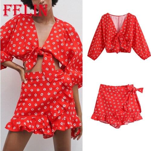 Women Boho Chic Red Floral Sets Za 2021 Bow Tie V Neck Puff Sleeve Cropped Tops Mujer and High Waist Ruffles Skirt Shorts Suits