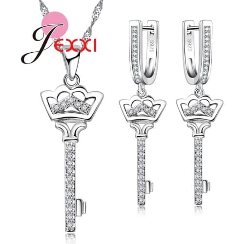 Luxury Crown Key Design Women Jewelry Sets with Cubic Zirconia CZ Crystal Paved Necklace Earrings Bijoux Pary Accessory