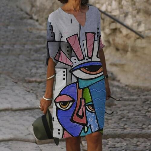 40#Women Dress Print Retro Plus Size Loose Half Sleeve Knee-length Dress Elegant V-Neck Graphic Sundress Dress женское платье