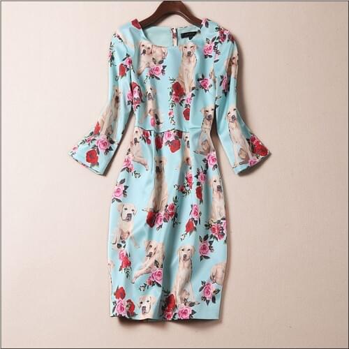 Novelty Dog Print Women Dress Cute Animal Print Long Sleeve Dresses