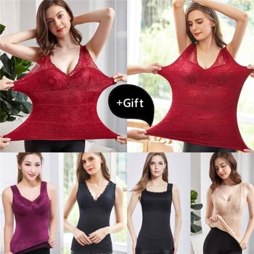 Women Sexy lingerie thermal Lace V Neck Plus Velvet Thickening shapewear lingerie Keep Warm Waist Trainer Sleeveless Warm vest