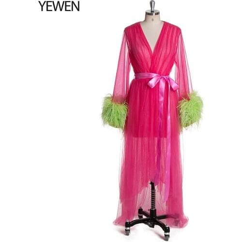 Rose Pink Long Sleeve Maternity Dresses for Photo Shooting Sexy V-neck Splice Feathers Formal Party Gowns 2021 Robe De Soiree