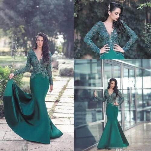 SuperKimJo Hunter Green Mermaid Evening Dresses Long Sleeve V Neck Modest Elegant Evening Gown Vestidos De Fiesta