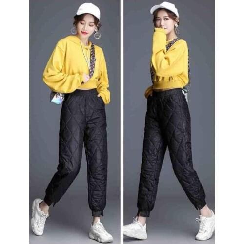 Obrix Winter Warm Duck Down Elastic Waist Light Comfortable Solid Color Female Pants Casual Style