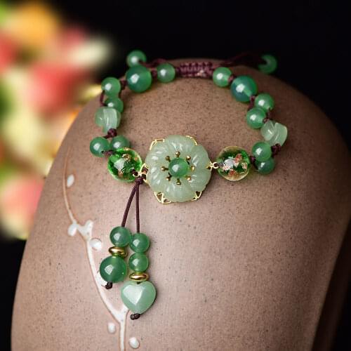 100% Natural Green Jade Dongling Flower Adjustable Bracelet Charm Jewellery Fashion Hand knitted Amulet Gifts Women Bangle