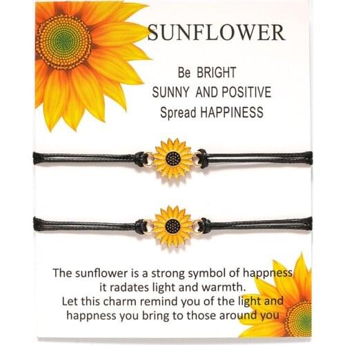 2020 Bohemian Enamel Sunflower Charms Braided Bracelet Sister Love Friendship Adjustable Rope Daisy Wristband Jewelry Card Gift