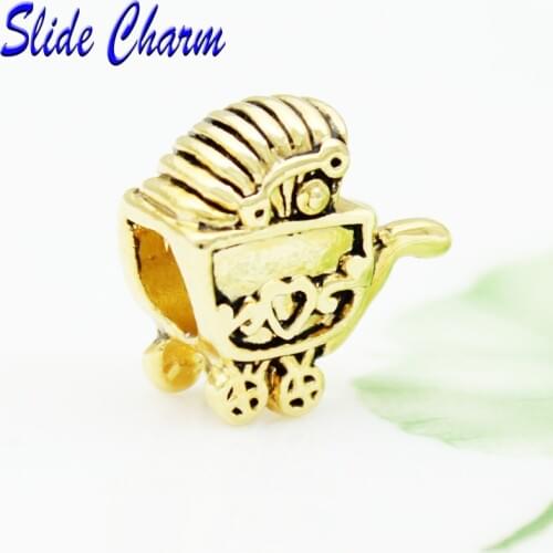 Free shipping European new fashion black and white hand pushing a stroller small gilded accessories beads fit Pandora bracelet