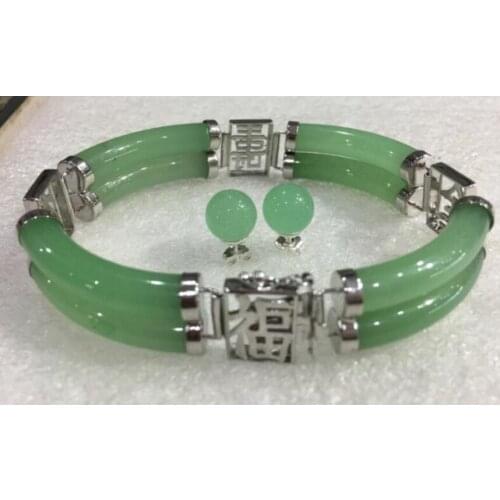 Free Shipping new Beautiful white-plate green jades bracelet earring set