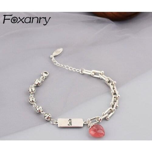 FOXANRY 925 Sterling Silver Bracelets 2021 Fashion Asymmetry U Type Chain Design Sweet Pink Pendant Girl Party Jewelry Wholesale