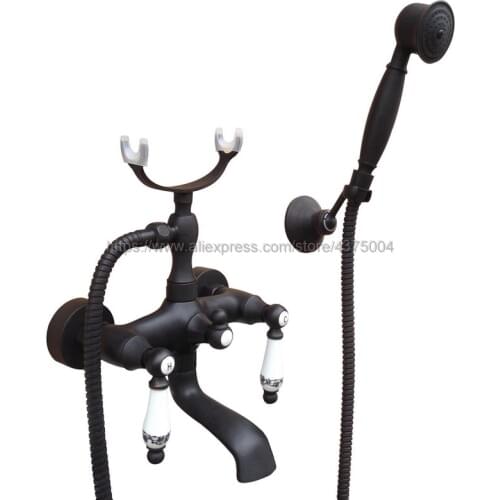 Oil Rubbed Bronze Wall Mounted Bathtub Mixer Faucet Double Handle Tub Water Taps With Ceramic Handshower Ntf604