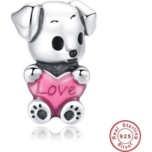 100% 925 sterling silver cute puppy original enamel charm fit pan bracelet beads DIY birthday gift luxury j fashion jewelry