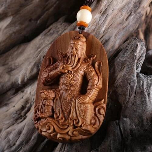 Wooden Guan Gong Statue Pendant Wood Buddha Pendant Man Amulet Necklace Guan Yu Statue Charms Pendants Wooden Men Accessories