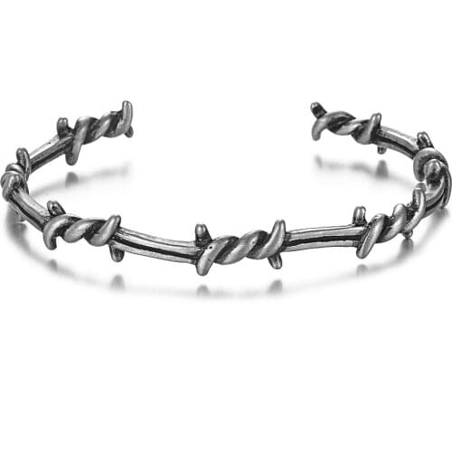 Men Bangle Open Cuff Twist Thorns Wire Pulsera Titanium Steel Geometric Bracelet Open Cuff Barbed Jewelry